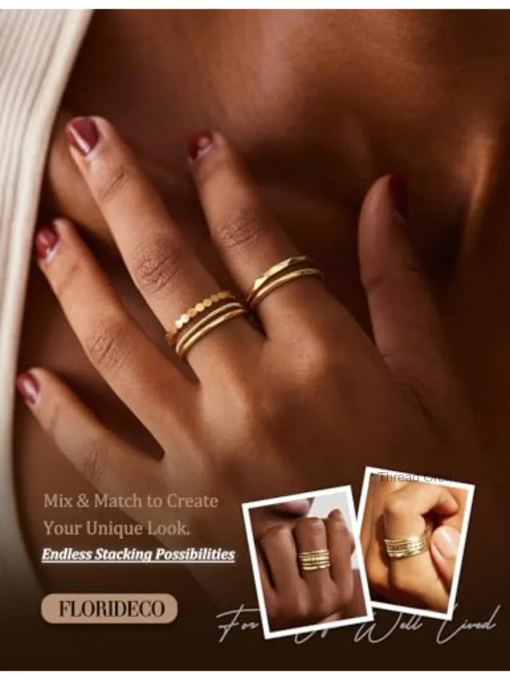 14K Gold Plated Stackable Rings Set - 5 Thin Dainty Bands Size 5-10